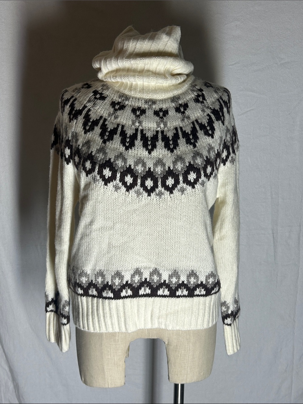 LOFT Cream and Black Nordic-Pattern Turtleneck Sweater